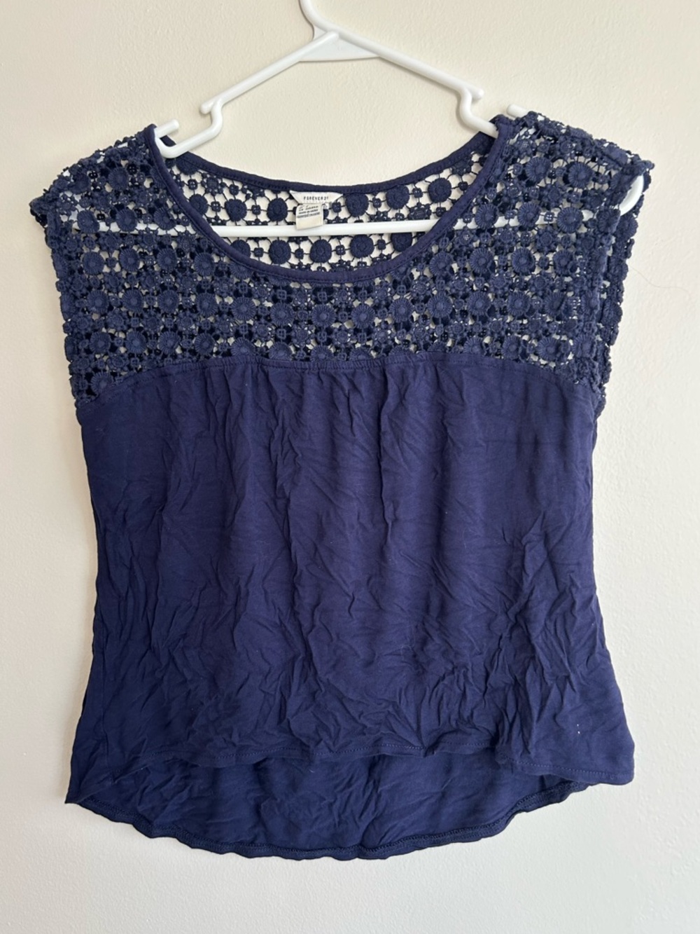 F21 Navy Crochet Yoke Top